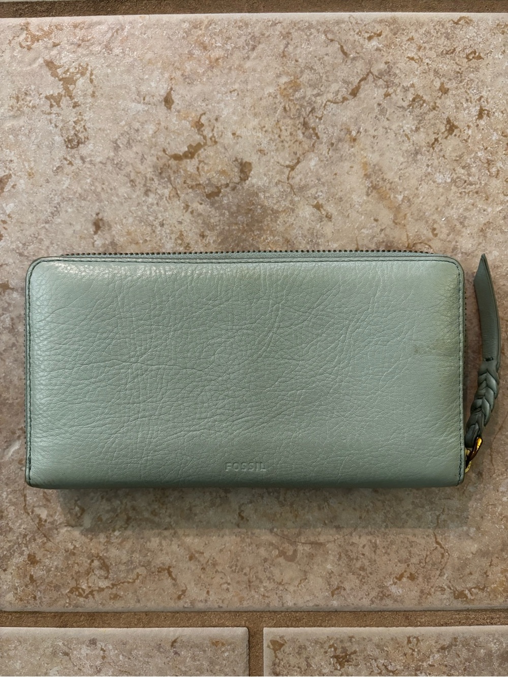Fossil Seafoam Green Zip Wallet with Braided Pull